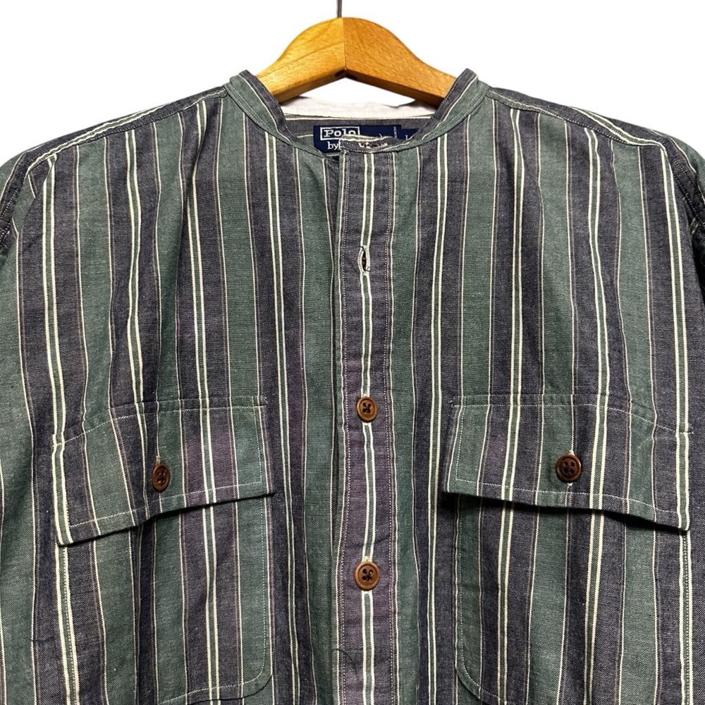 Polo by Ralph Lauren Striped Button Down Shirt Large 100% Cotton Mandarin Collar - Picture 8 of 10